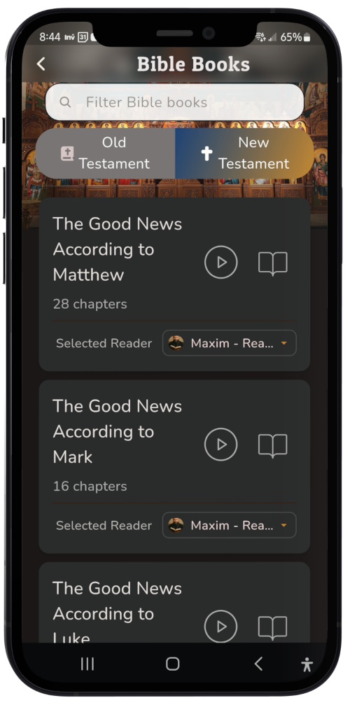 Orthodox Bible Online app screenshot showing Jesus Prayer and spiritual tools